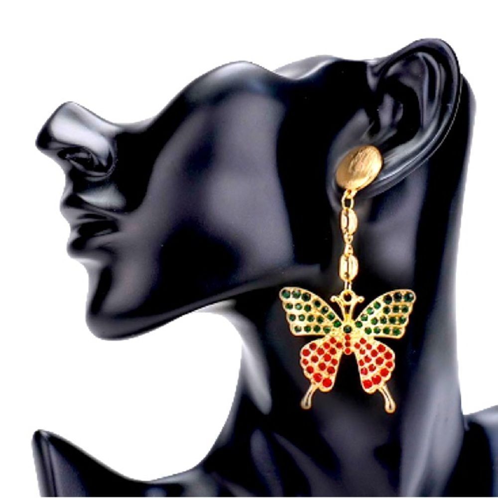 Gold Red & Green Rhinestone Embellished Butterfly Dangle Drop Statement …